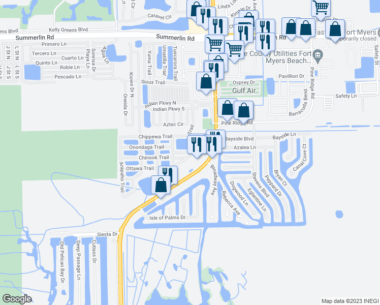 map of restaurants, bars, coffee shops, grocery stores, and more near Teton Trail in Fort Myers Beach