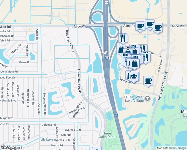 map of restaurants, bars, coffee shops, grocery stores, and more near 9717 Roundstone Circle in Fort Myers