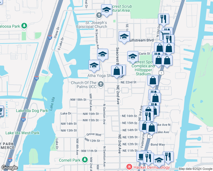 map of restaurants, bars, coffee shops, grocery stores, and more near 2019 North Swinton Avenue in Delray Beach