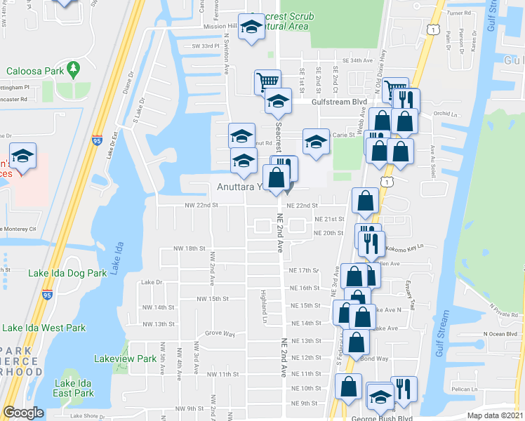 map of restaurants, bars, coffee shops, grocery stores, and more near 102 Northeast 22nd Street in Delray Beach