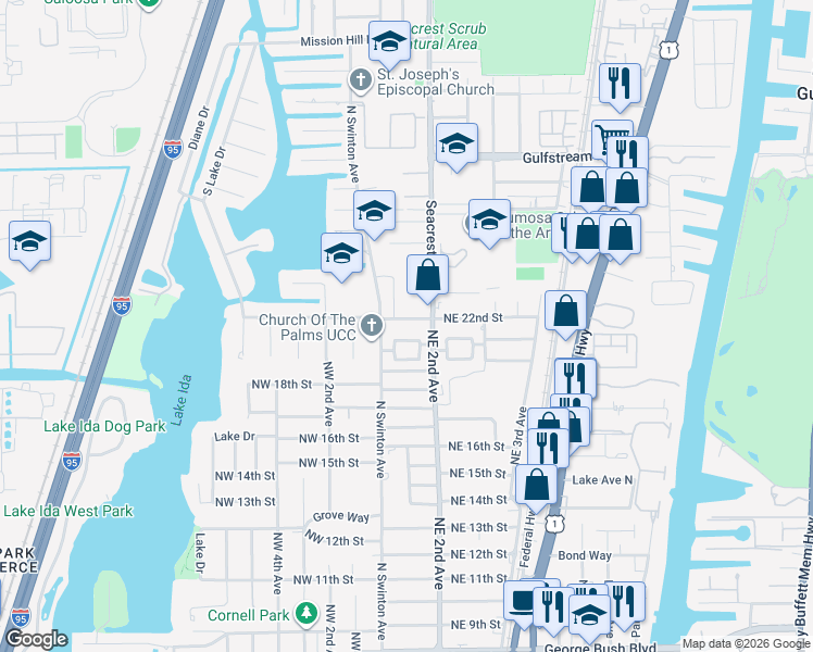 map of restaurants, bars, coffee shops, grocery stores, and more near 102 Northeast 22nd Street in Delray Beach