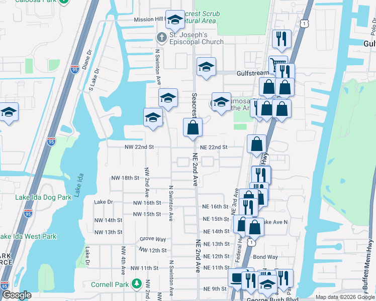 map of restaurants, bars, coffee shops, grocery stores, and more near 114 Northeast 22nd Street in Delray Beach