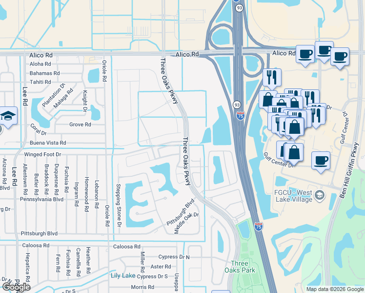map of restaurants, bars, coffee shops, grocery stores, and more near 17509 Holly Oak Ave in Fort Myers