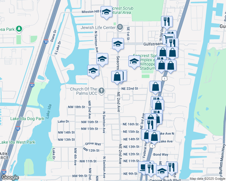 map of restaurants, bars, coffee shops, grocery stores, and more near 108 Northeast 22nd Street in Delray Beach