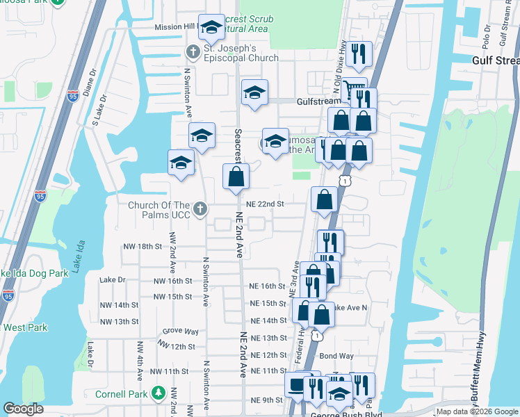 map of restaurants, bars, coffee shops, grocery stores, and more near 222 Northeast 22nd Street in Delray Beach