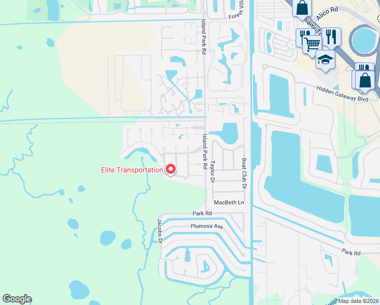 map of restaurants, bars, coffee shops, grocery stores, and more near 17755 Park Village Boulevard in Fort Myers