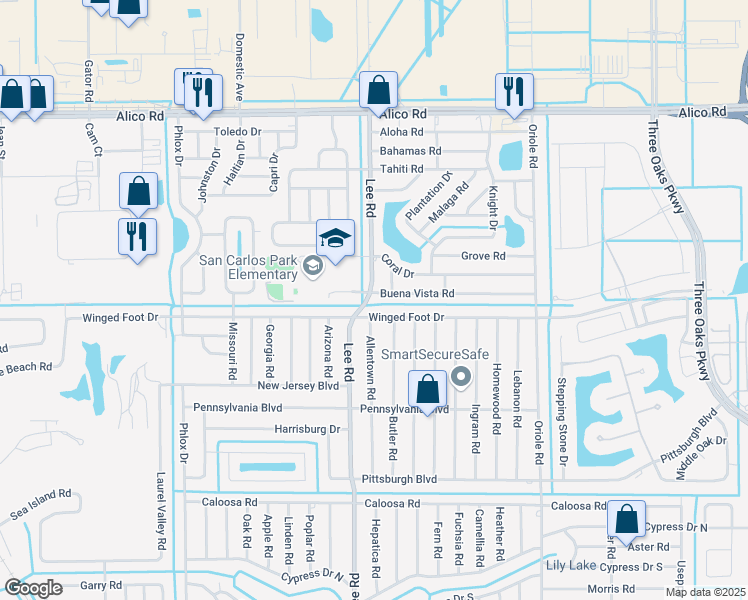 map of restaurants, bars, coffee shops, grocery stores, and more near 8276 Buena Vista Road in Fort Myers
