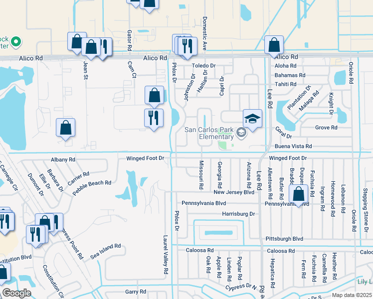 map of restaurants, bars, coffee shops, grocery stores, and more near 17353 Castile Road in Fort Myers