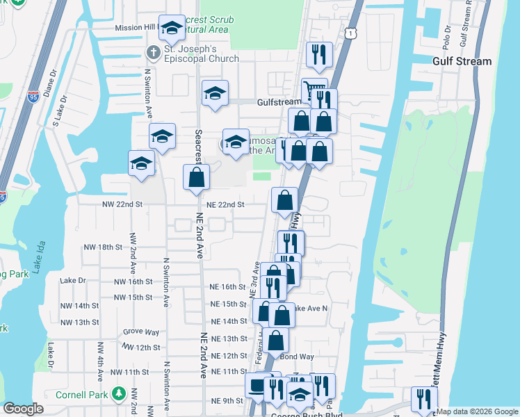 map of restaurants, bars, coffee shops, grocery stores, and more near 262 Northeast 22nd Street in Delray Beach