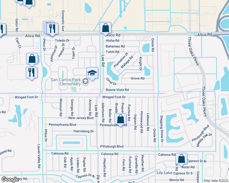 map of restaurants, bars, coffee shops, grocery stores, and more near 8328 Buena Vista Road in Fort Myers