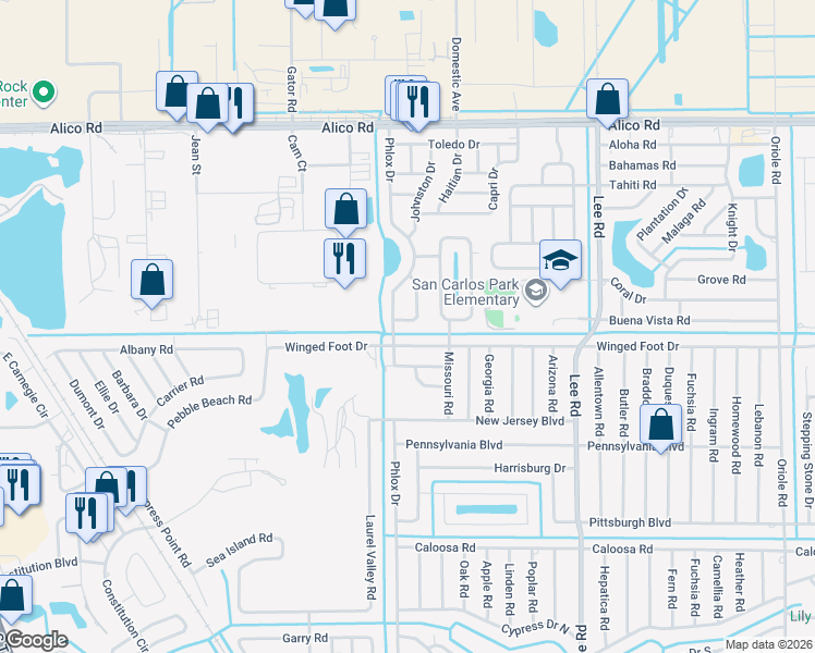 map of restaurants, bars, coffee shops, grocery stores, and more near 17353 Castile Road in Fort Myers