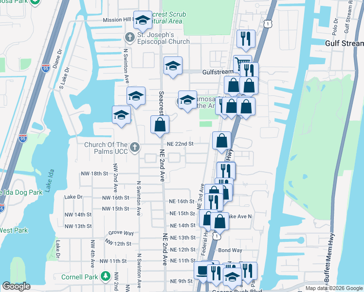 map of restaurants, bars, coffee shops, grocery stores, and more near 222 Northeast 22nd Street in Delray Beach