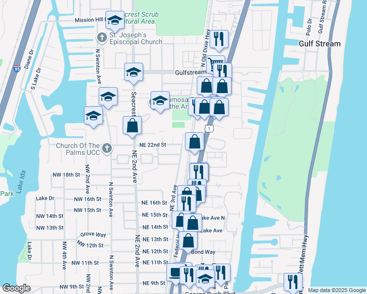 map of restaurants, bars, coffee shops, grocery stores, and more near 2115 Northeast 3rd Avenue in Delray Beach