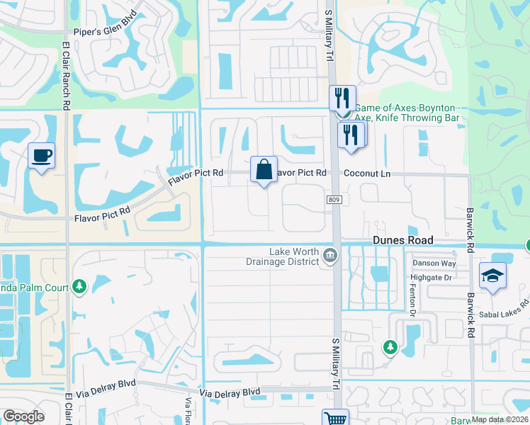 map of restaurants, bars, coffee shops, grocery stores, and more near 5257 Santa Maria Avenue in Boynton Beach