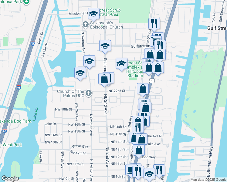 map of restaurants, bars, coffee shops, grocery stores, and more near 215 Northeast 22nd Street in Delray Beach