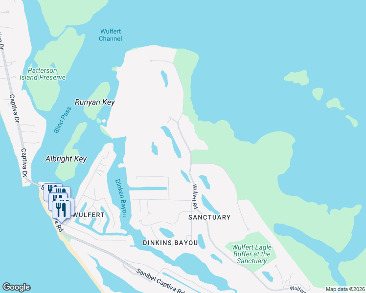 map of restaurants, bars, coffee shops, grocery stores, and more near 2675 Wulfert Road in Sanibel