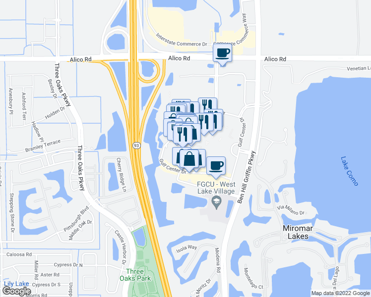 map of restaurants, bars, coffee shops, grocery stores, and more near 10021 Gulf Center Drive in Fort Myers
