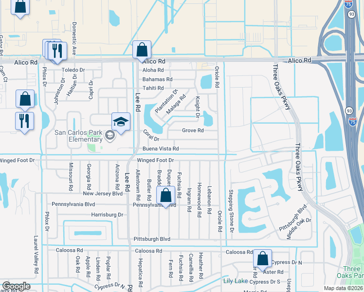 map of restaurants, bars, coffee shops, grocery stores, and more near 8401 Buena Vista Road in Fort Myers