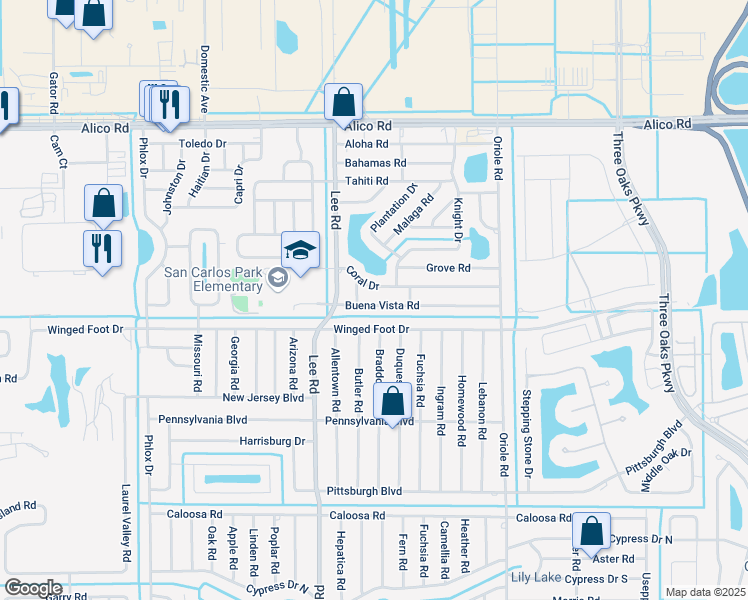 map of restaurants, bars, coffee shops, grocery stores, and more near 8328 Buena Vista Road in Fort Myers