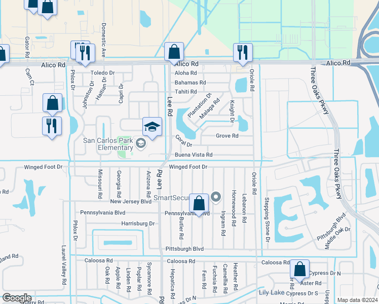 map of restaurants, bars, coffee shops, grocery stores, and more near 8329 Buena Vista Road in Fort Myers