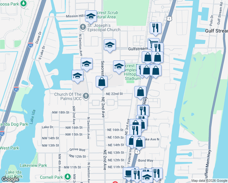 map of restaurants, bars, coffee shops, grocery stores, and more near 222 Northeast 22nd Street in Delray Beach