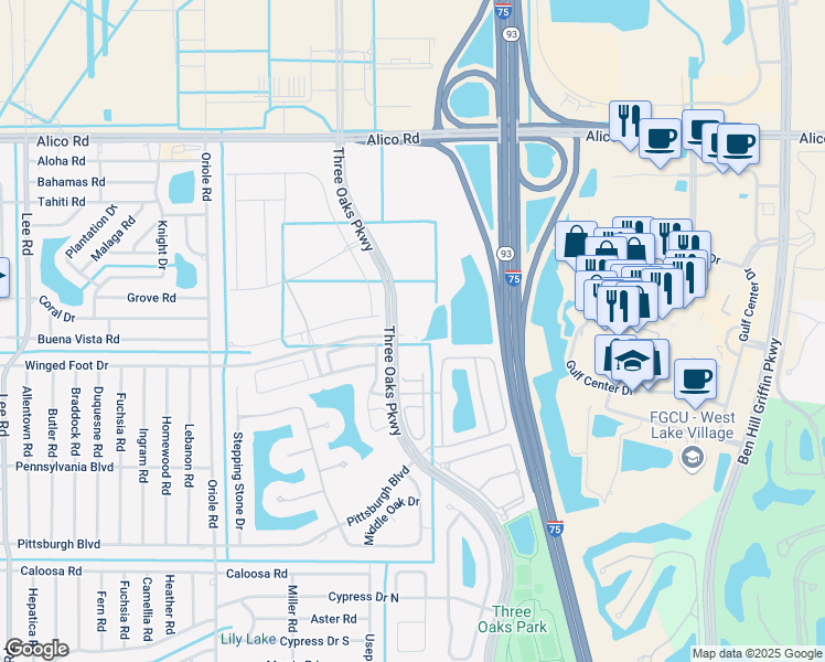 map of restaurants, bars, coffee shops, grocery stores, and more near 17171 3 Oaks Parkway in Fort Myers