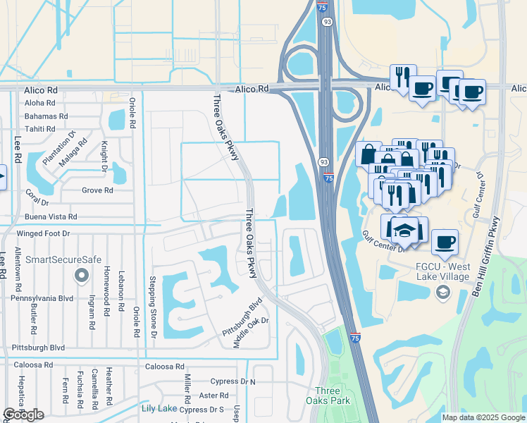 map of restaurants, bars, coffee shops, grocery stores, and more near 17171 3 Oaks Parkway in Fort Myers