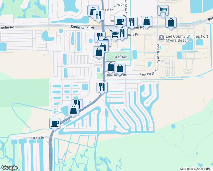 map of restaurants, bars, coffee shops, grocery stores, and more near 17560 San Carlos Boulevard in Fort Myers Beach