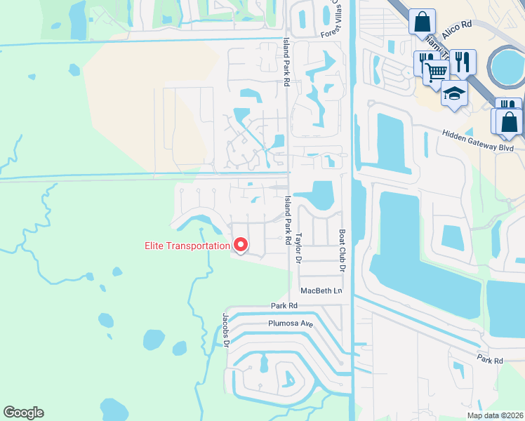 map of restaurants, bars, coffee shops, grocery stores, and more near 17755 Park Village Boulevard in Fort Myers