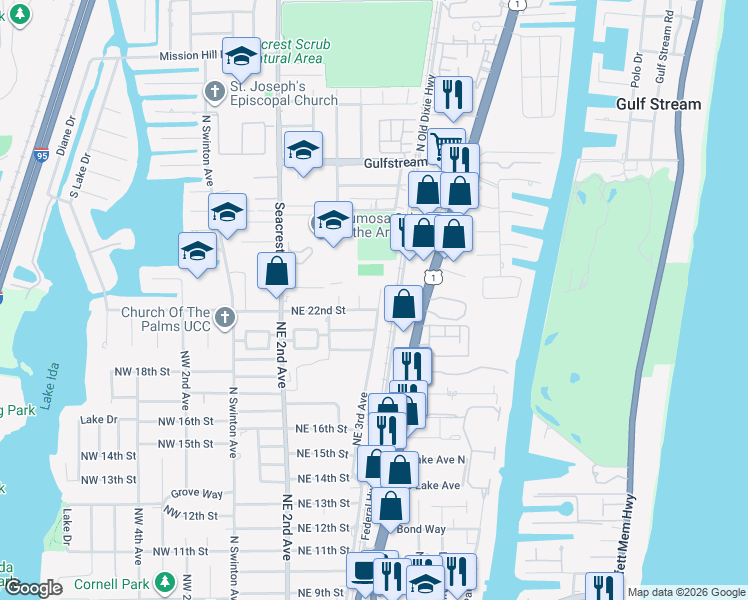 map of restaurants, bars, coffee shops, grocery stores, and more near 2115 Northeast 3rd Avenue in Delray Beach