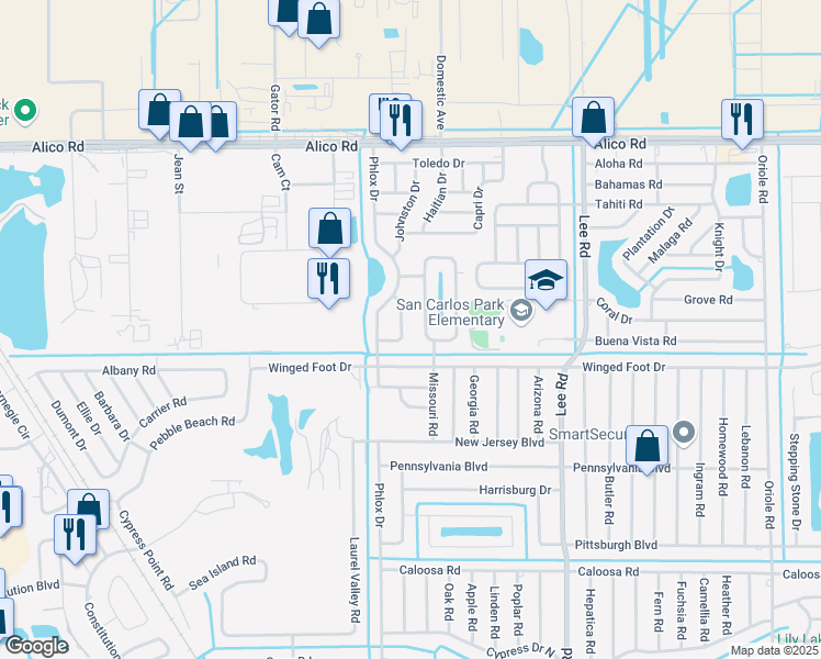 map of restaurants, bars, coffee shops, grocery stores, and more near 17353 Castile Road in Fort Myers