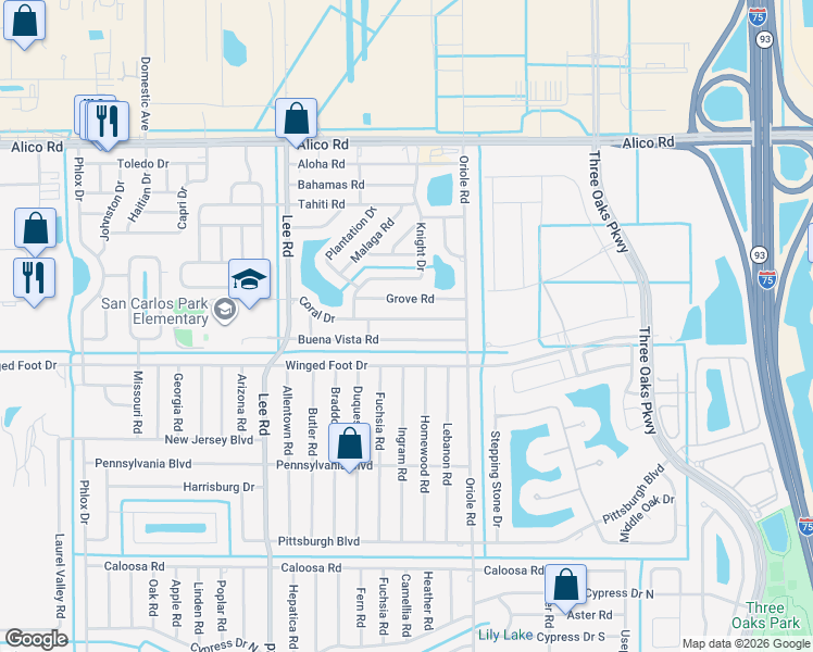 map of restaurants, bars, coffee shops, grocery stores, and more near 8432 Coral Drive in Fort Myers