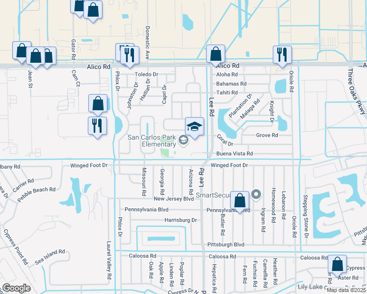 map of restaurants, bars, coffee shops, grocery stores, and more near 17282 Lee Road in Fort Myers