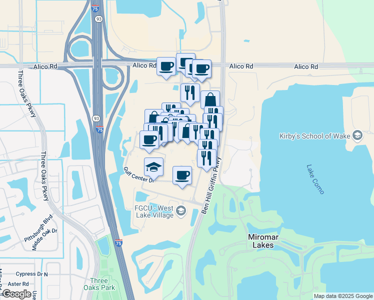 map of restaurants, bars, coffee shops, grocery stores, and more near Gulf Coast Main Street in Fort Myers