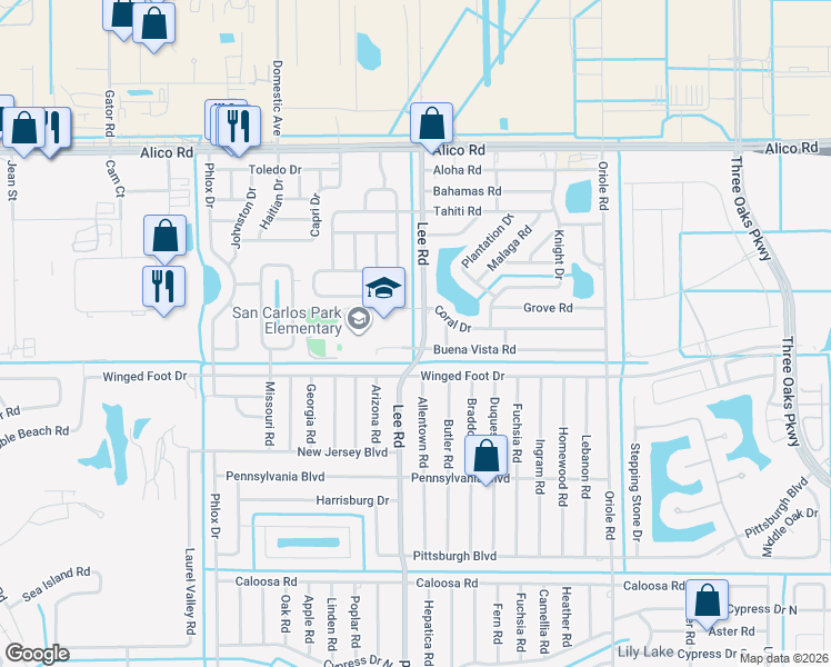 map of restaurants, bars, coffee shops, grocery stores, and more near in San Carlos Park