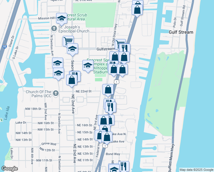 map of restaurants, bars, coffee shops, grocery stores, and more near 2406 North Old Dixie Highway in Delray Beach