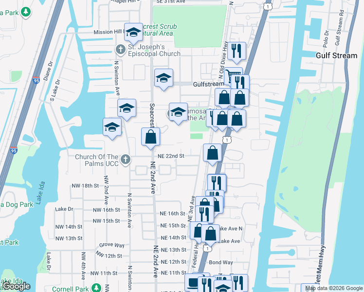 map of restaurants, bars, coffee shops, grocery stores, and more near 2219 West Pineridge Court in Delray Beach