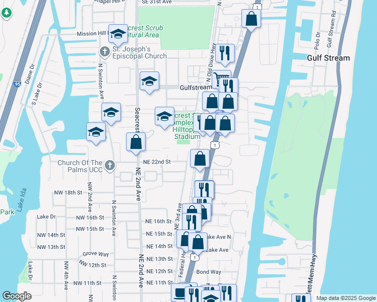 map of restaurants, bars, coffee shops, grocery stores, and more near 2402 Northeast 3rd Avenue in Delray Beach