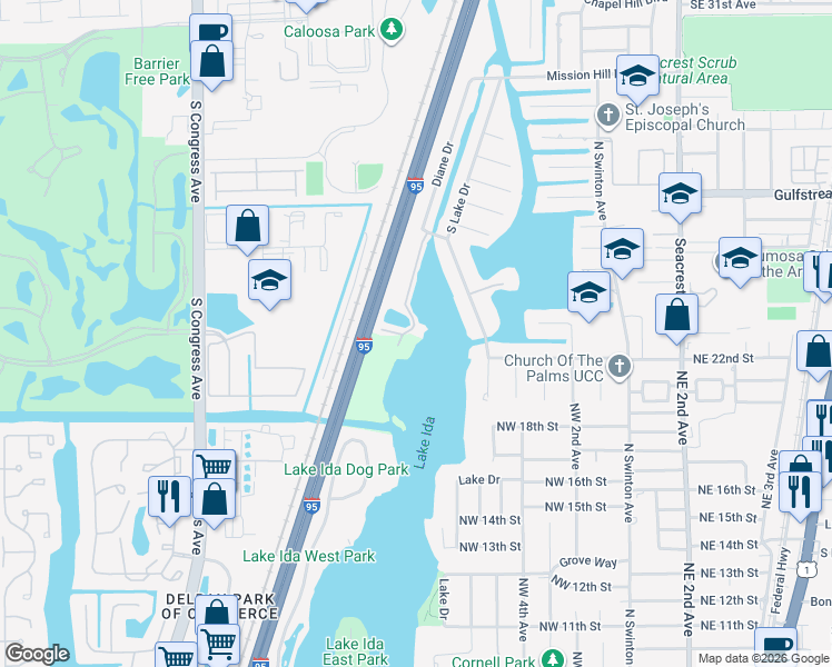 map of restaurants, bars, coffee shops, grocery stores, and more near 12770 South Lake Drive in Boynton Beach