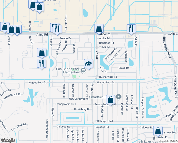map of restaurants, bars, coffee shops, grocery stores, and more near 17282 Lee Road in Fort Myers