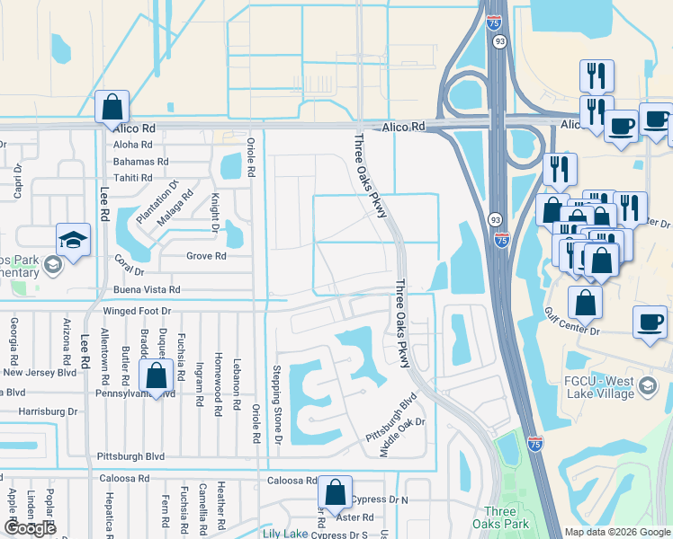 map of restaurants, bars, coffee shops, grocery stores, and more near 17275 Hadlow Place in Fort Myers