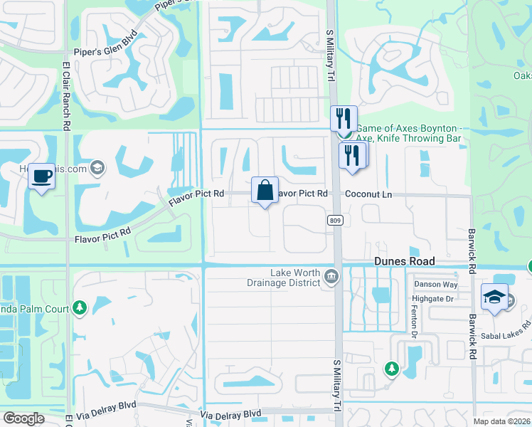 map of restaurants, bars, coffee shops, grocery stores, and more near 5220 Flavor Pict Road in Boynton Beach