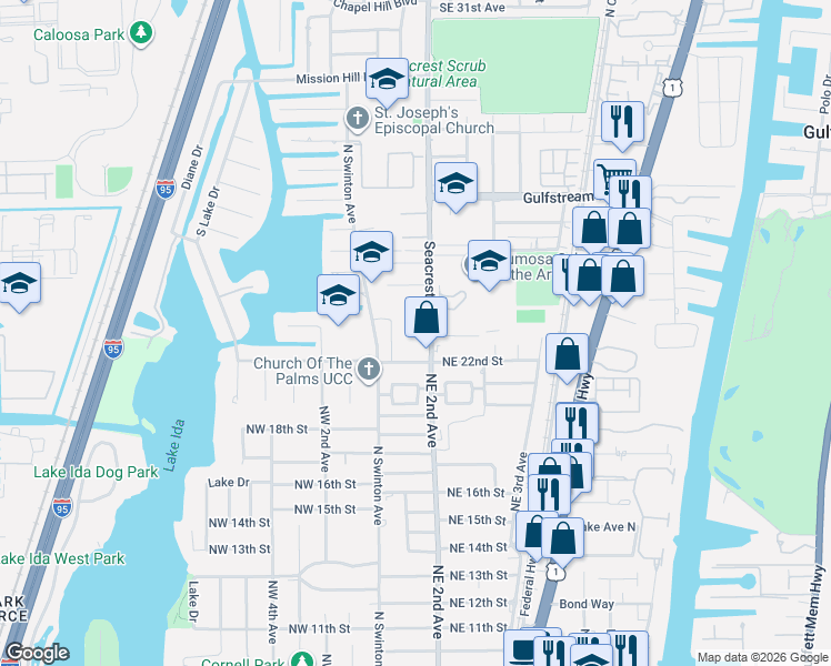 map of restaurants, bars, coffee shops, grocery stores, and more near 2228 Seacrest Boulevard in Boynton Beach