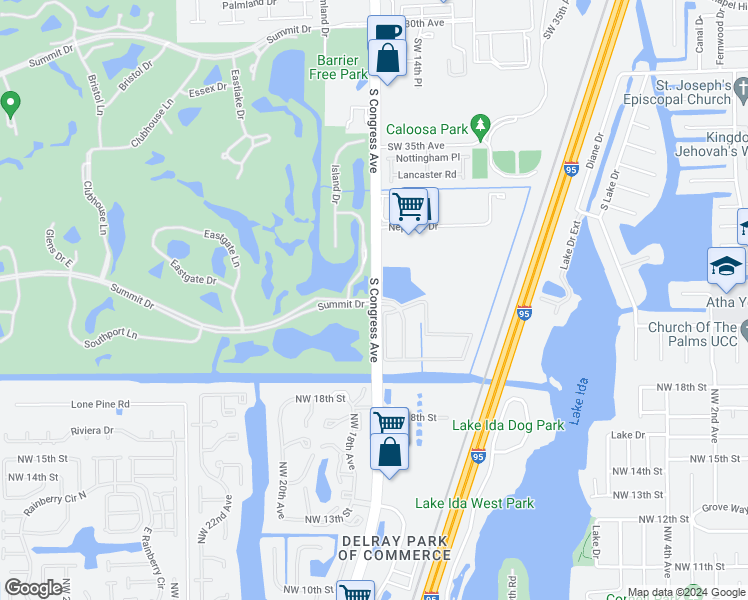 map of restaurants, bars, coffee shops, grocery stores, and more near S Congress Ave & Monterey Bay Dr in Boynton Beach