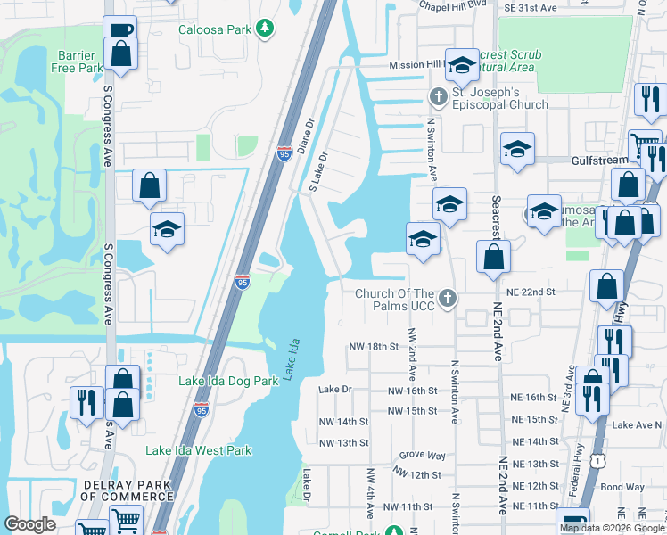 map of restaurants, bars, coffee shops, grocery stores, and more near 3900 South Lake Drive in Boynton Beach