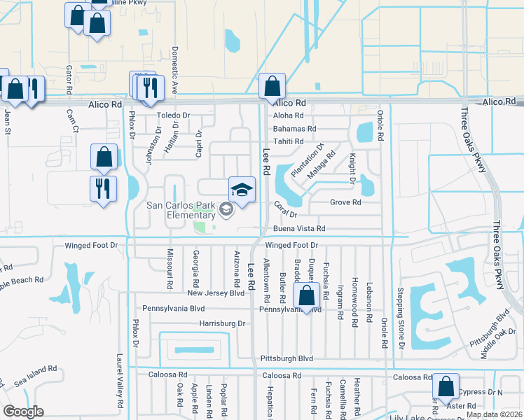 map of restaurants, bars, coffee shops, grocery stores, and more near in San Carlos Park