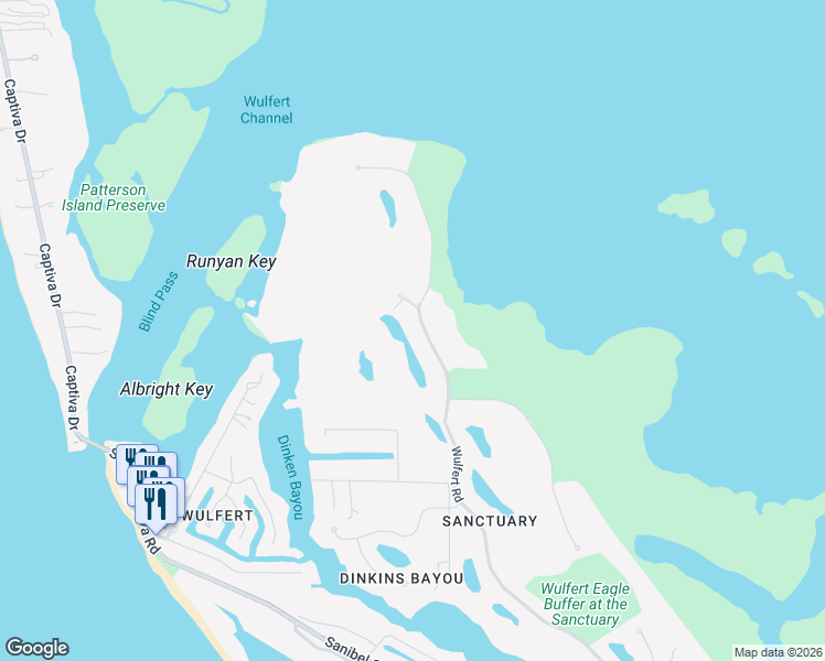 map of restaurants, bars, coffee shops, grocery stores, and more near 2729 Wulfert Road in Sanibel