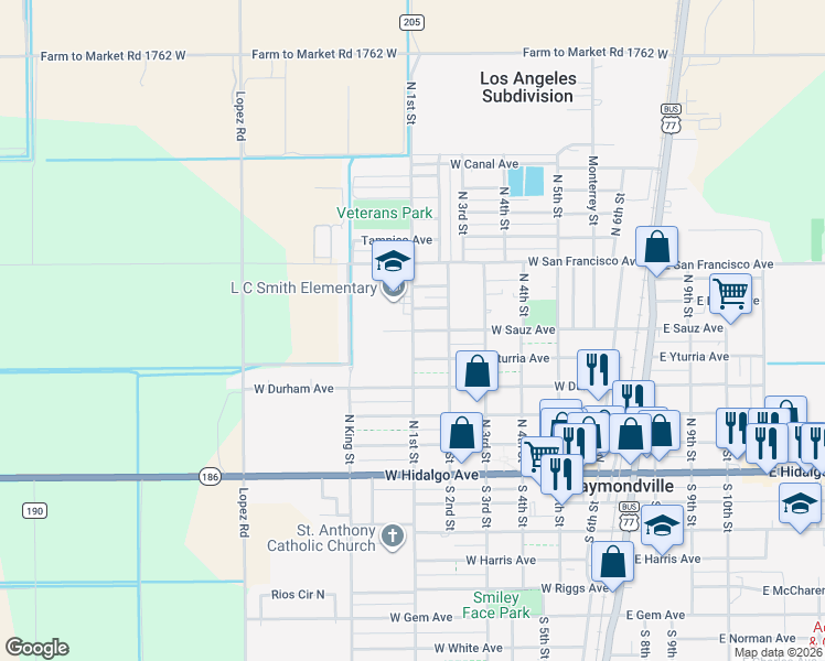 map of restaurants, bars, coffee shops, grocery stores, and more near 600 North 1st Street in Raymondville