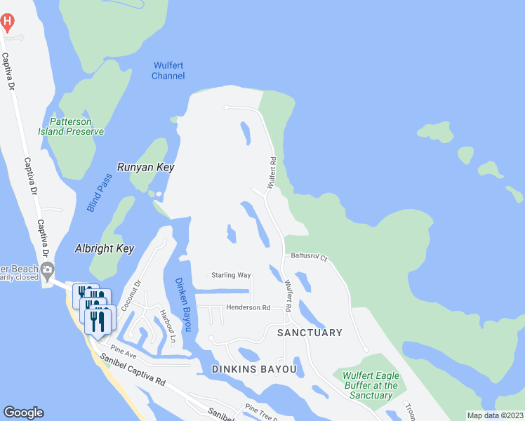 map of restaurants, bars, coffee shops, grocery stores, and more near 2729 Wulfert Road in Sanibel