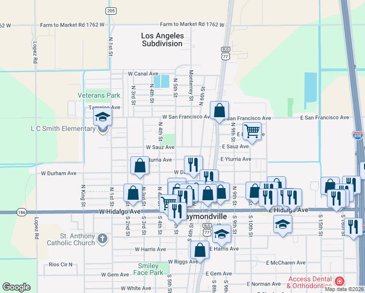 map of restaurants, bars, coffee shops, grocery stores, and more near 899 Huisache St in Raymondville
